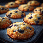 Viral blueberry muffins in one bowl freshly baked in muffin tin