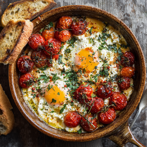 Baked feta eggs with tomatoes and herbs – food trends recipes