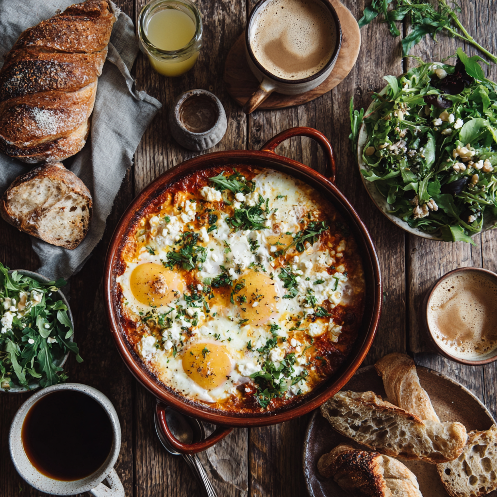 Serving ideas for baked feta eggs with bread and salad.