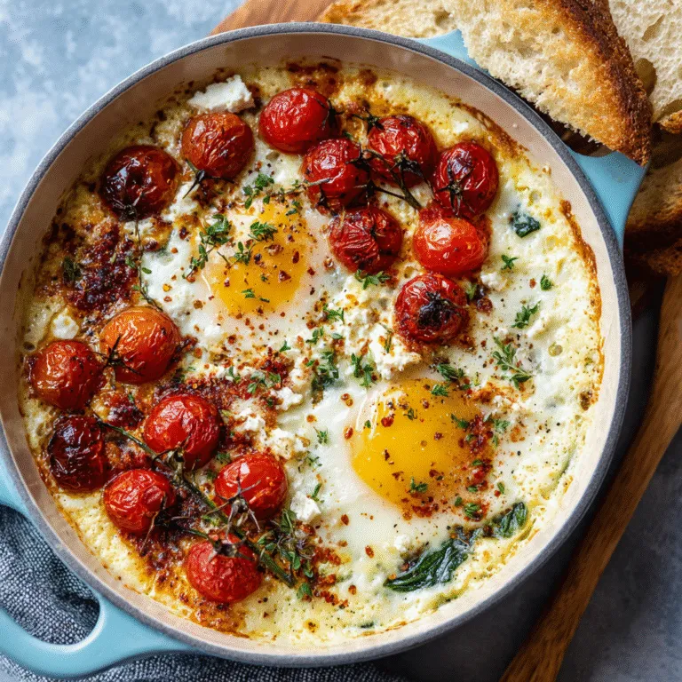 Baked Feta Eggs (TikTok/Pinterest hit) recipe in a rustic bowl.