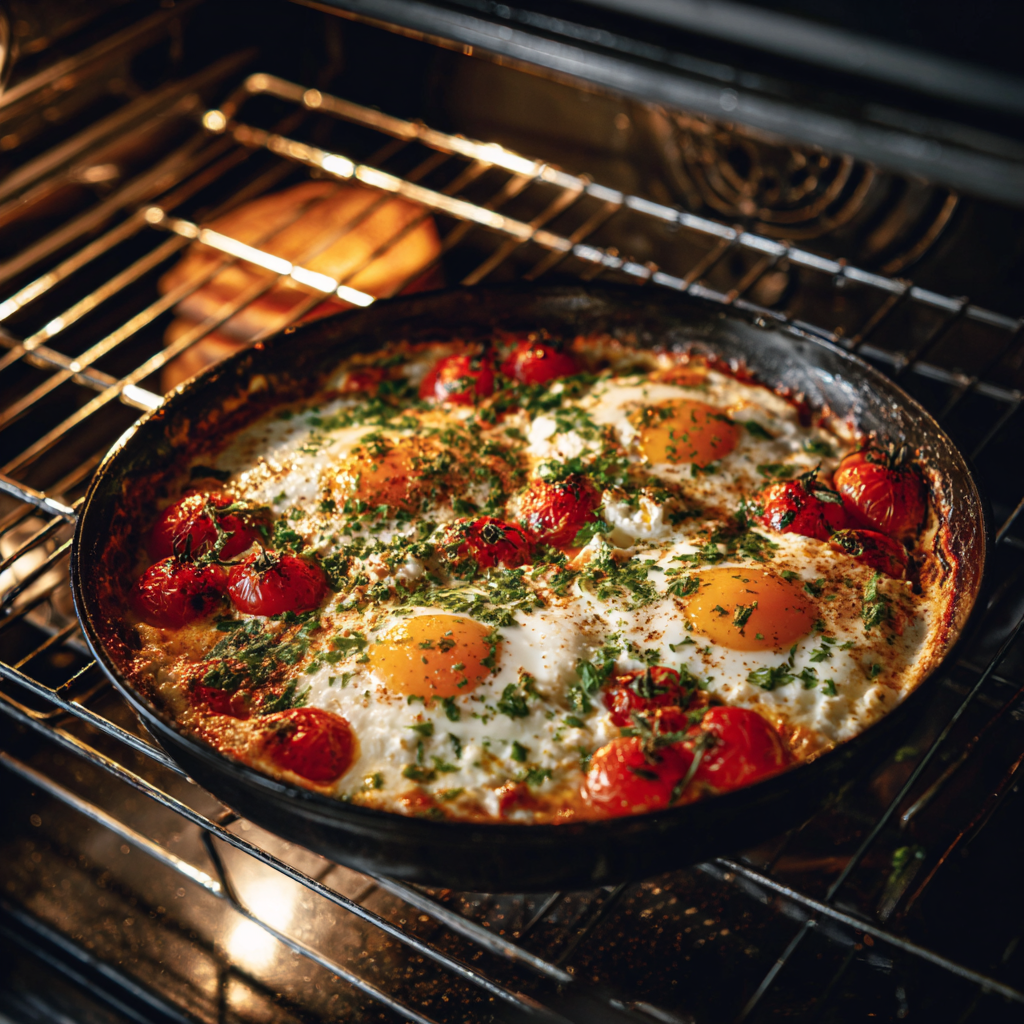 Baked Feta Eggs (TikTok/Pinterest hit) with tomatoes and herbs in a skillet oven-baked.