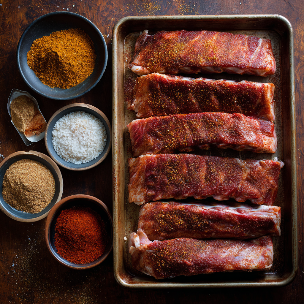 Raw ribs on a sheet pan being seasoned with dry rub for BBQ