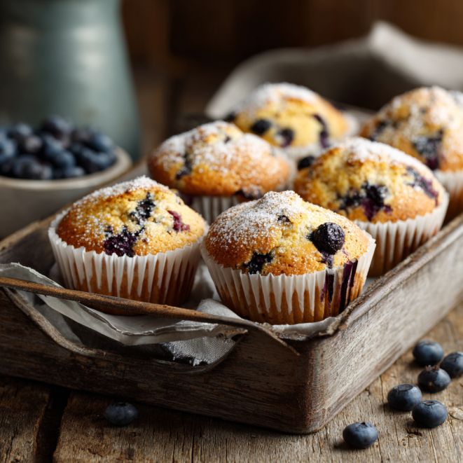 blueberry muffins one bowl with sugar topping