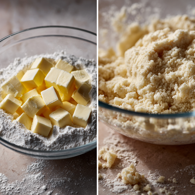 butter and flour in glass bowl and crumbly dough mixture