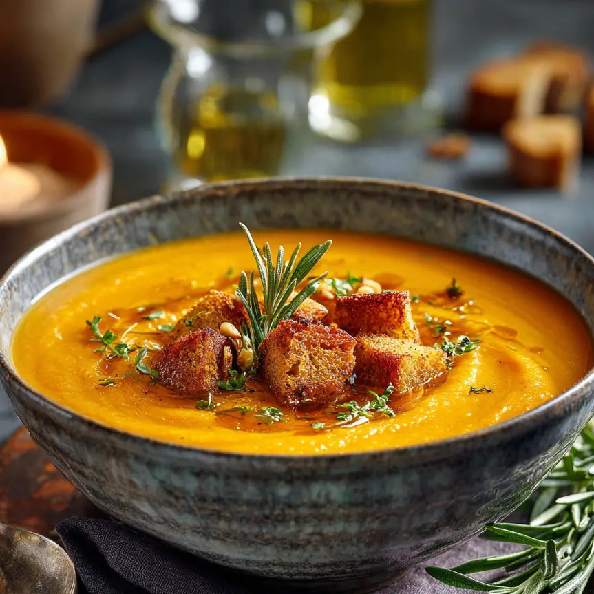 Creamy butternut squash soup topped with seeds.