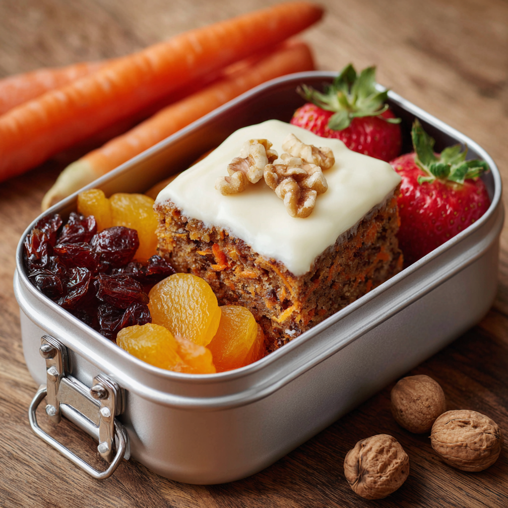 Carrot cake squares packed in a lunchbox for school or work