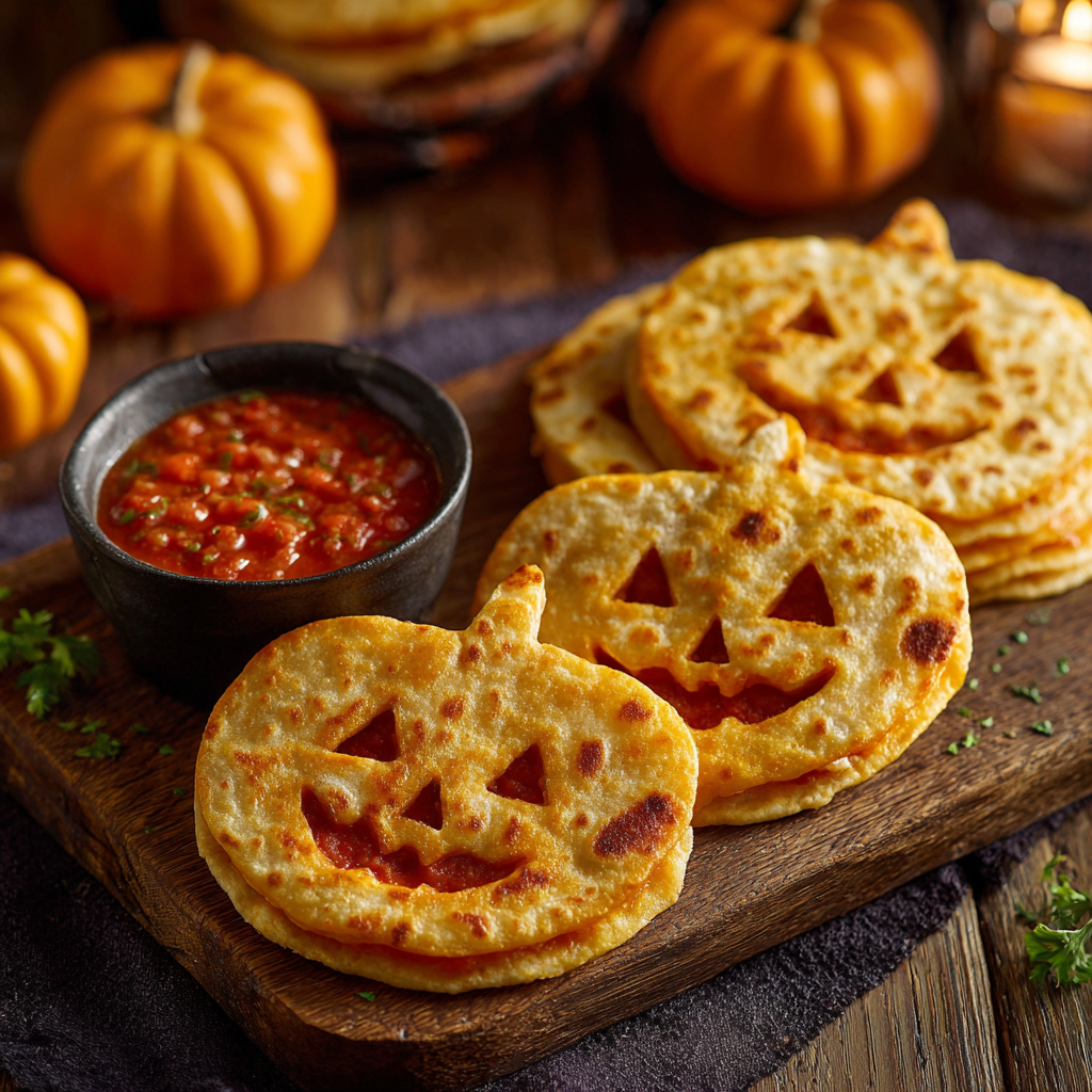 Spooky Halloween Appetizers – Cheesy Pumpkin Quesadillas shaped like jack-o’-lanterns.