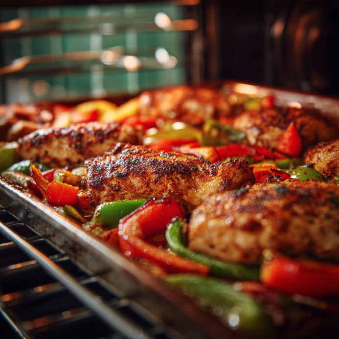 Roasting chicken fajitas on a sheet pan inside the oven
