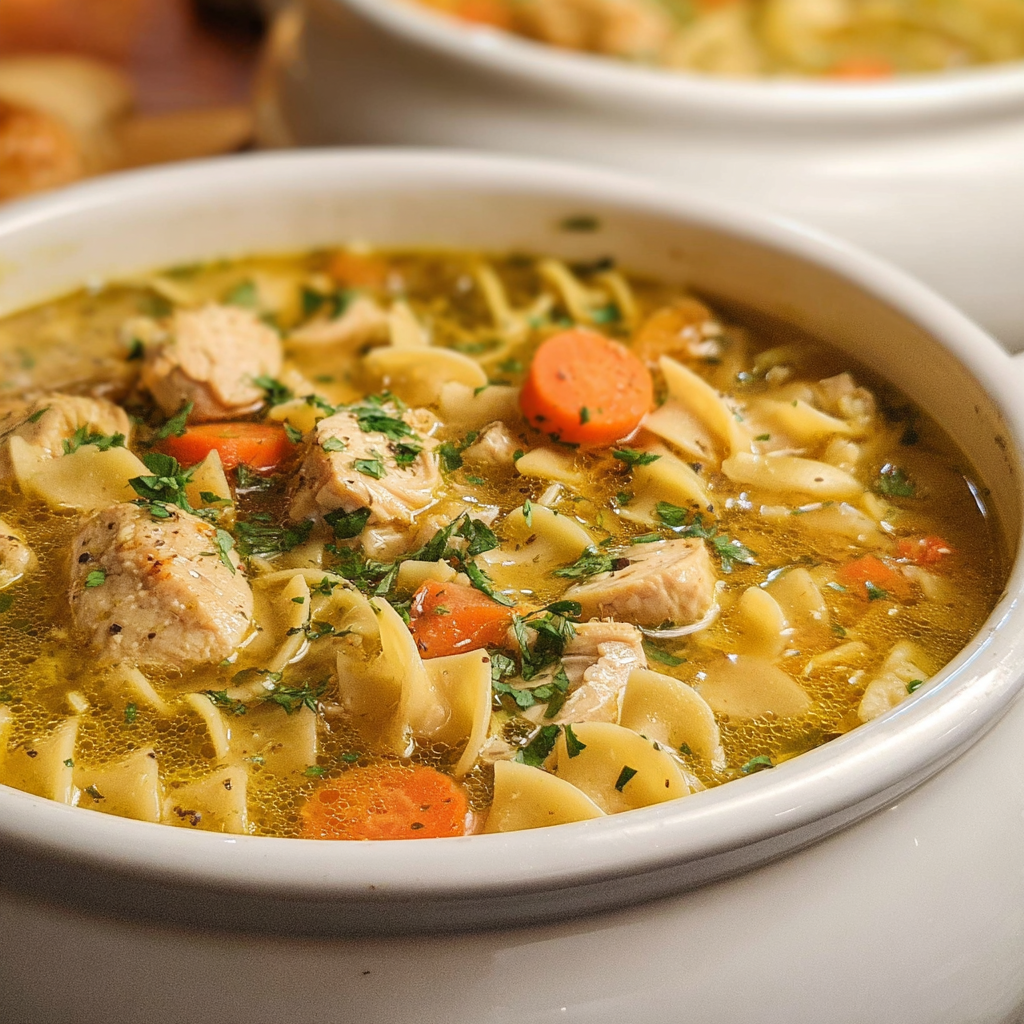 Bowl of chicken noodle soup with noodles and carrots.