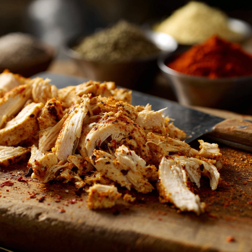 Shredded chicken seasoned for baked nachos.