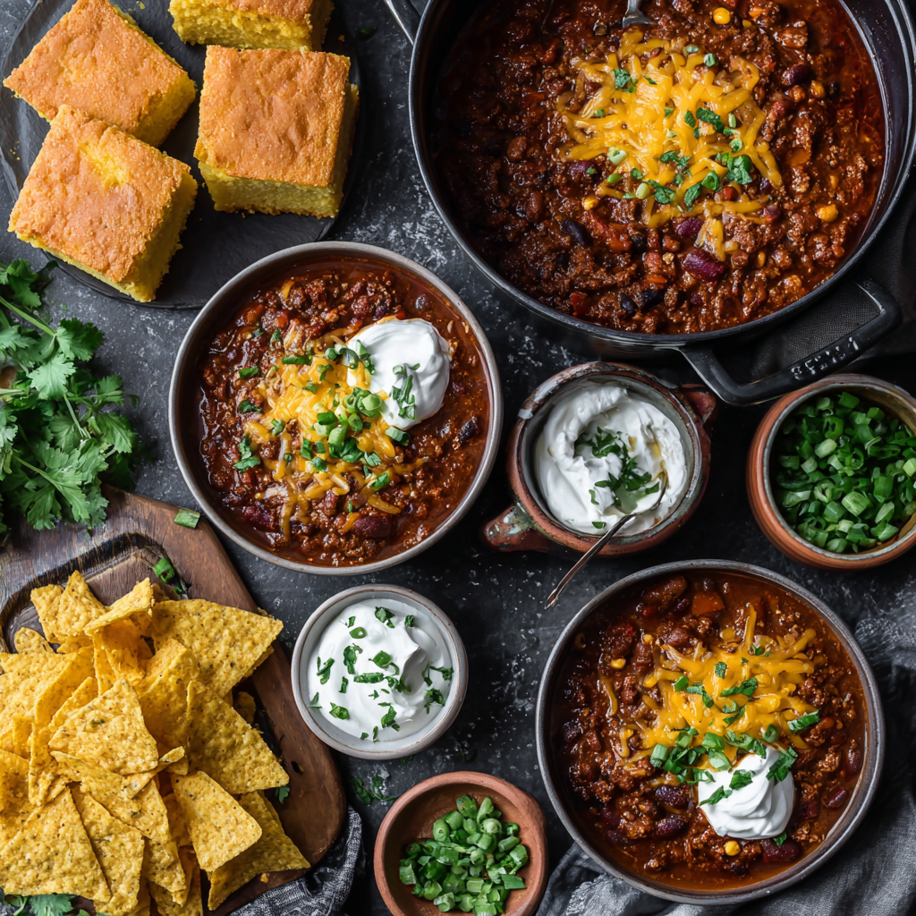 One-Pot Chili with toppings and cornbread.