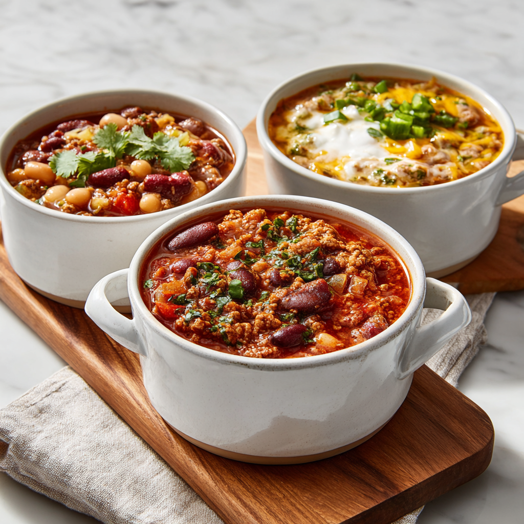 Variations of One-Pot Chili including beef, vegetarian, and chicken.