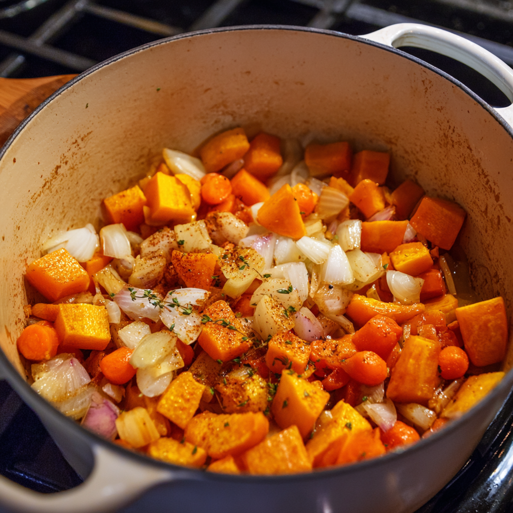 vegetables cooking for butternut squash soup recipe