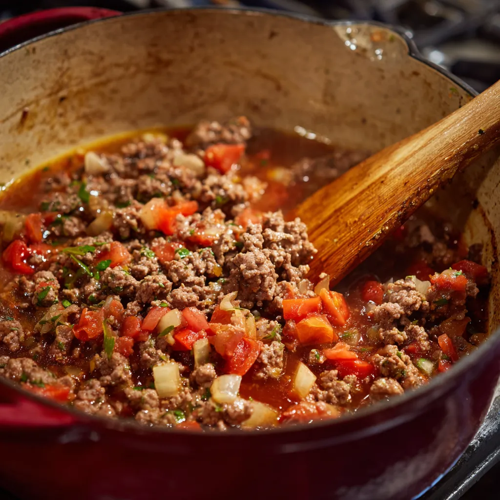 Cooking the base of One-Pot Chili with beef, onions, and garlic.