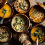 Assortment of cozy one pot soups and stews in bowls.