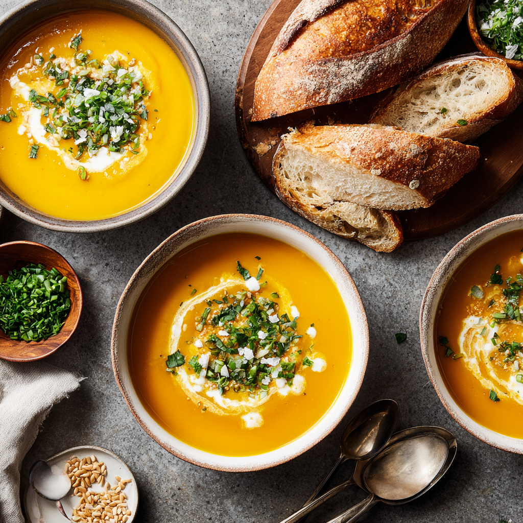 creamy butternut squash soup served with bread and toppings