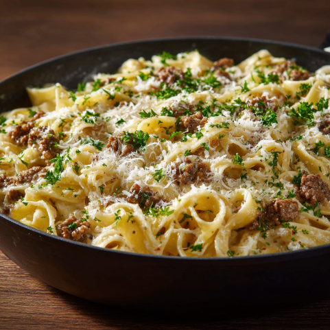Creamy one-pot beef pasta with garlic butter sauce and parmesan for one-pot meal prep