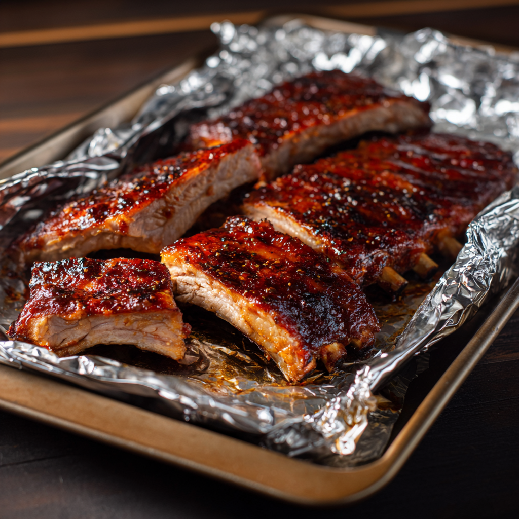 Foil wrapped BBQ ribs being unwrapped from the oven