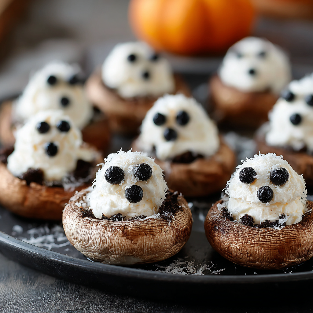 Scary Appetizers – Ghostly Stuffed Mushrooms with spooky faces.