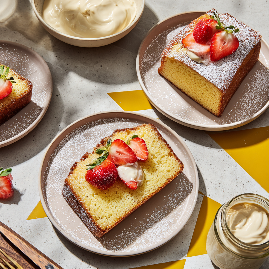 Slices of one-bowl Greek yogurt cake topped with fresh strawberries and cream