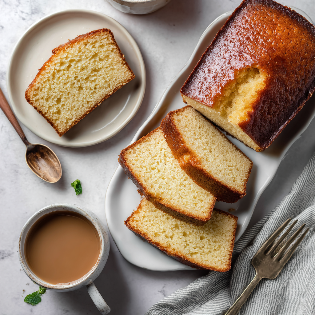 Sliced Greek Yogurt Cake with coffee
