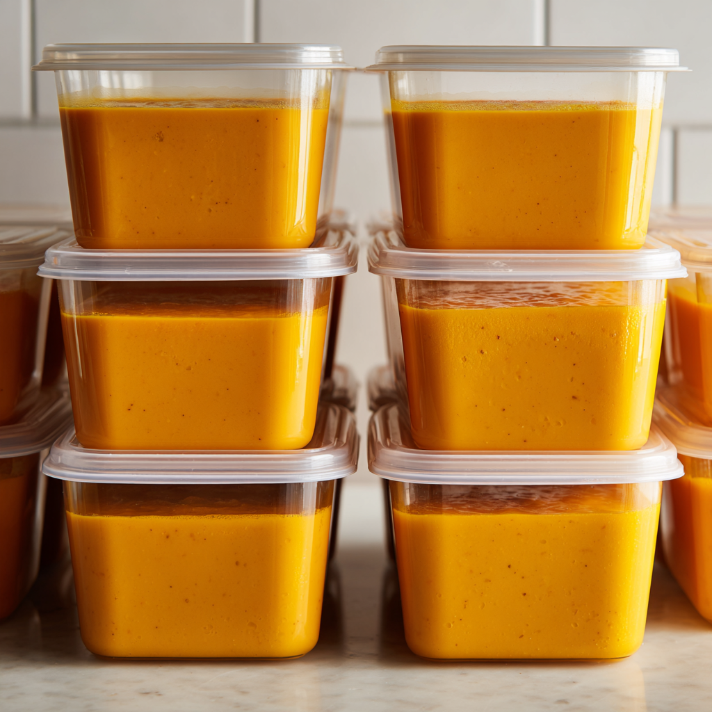 healthy butternut squash soup stored in freezer containers