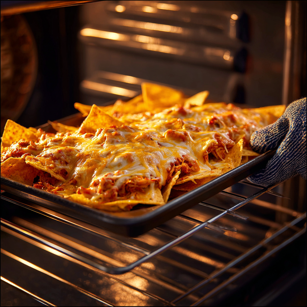 Freshly baked sheet pan chicken nachos hot from the oven.