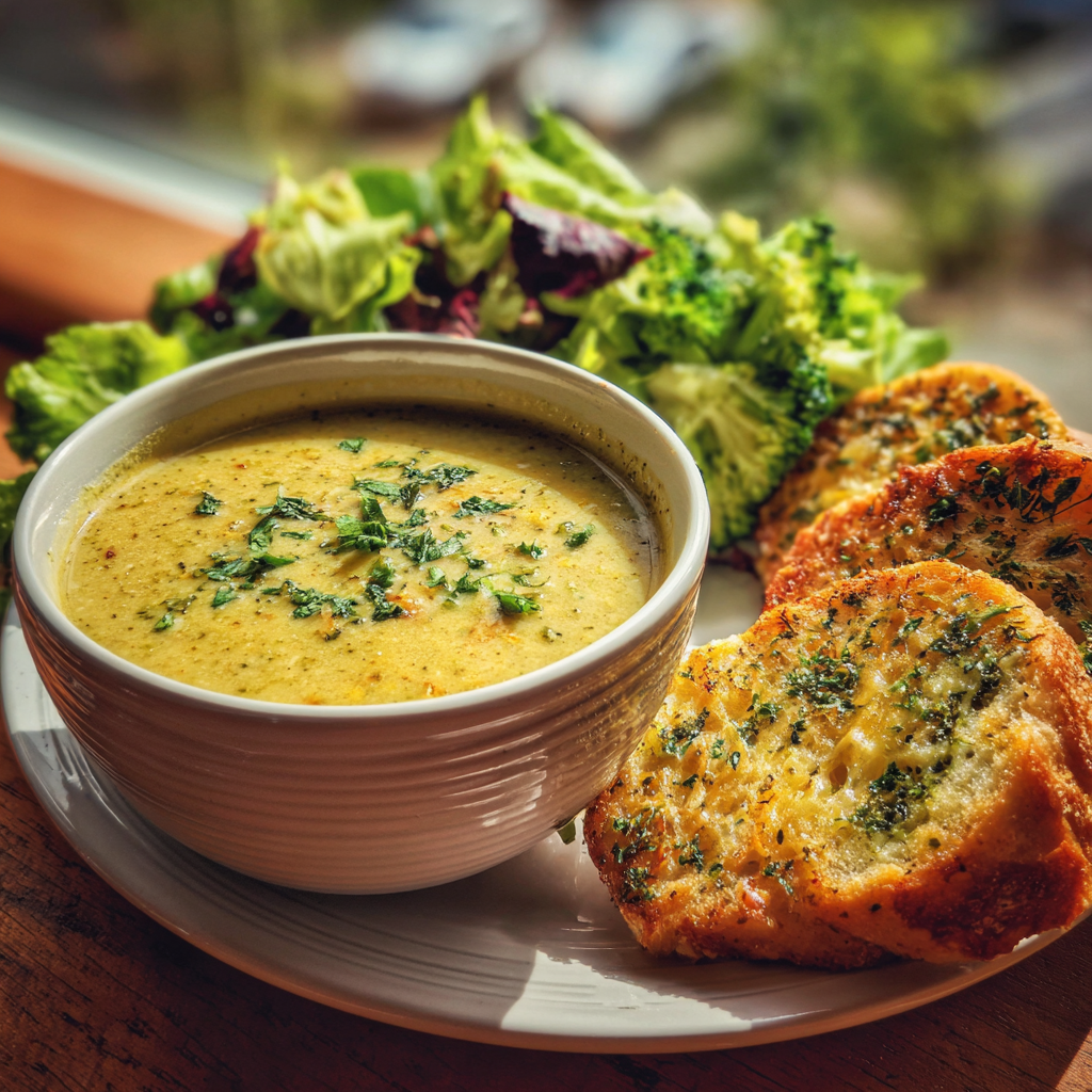 Instant Pot broccoli cheddar soup with cheese topping.