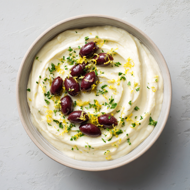 Kalamata White Bean Dip with Olive Garnish