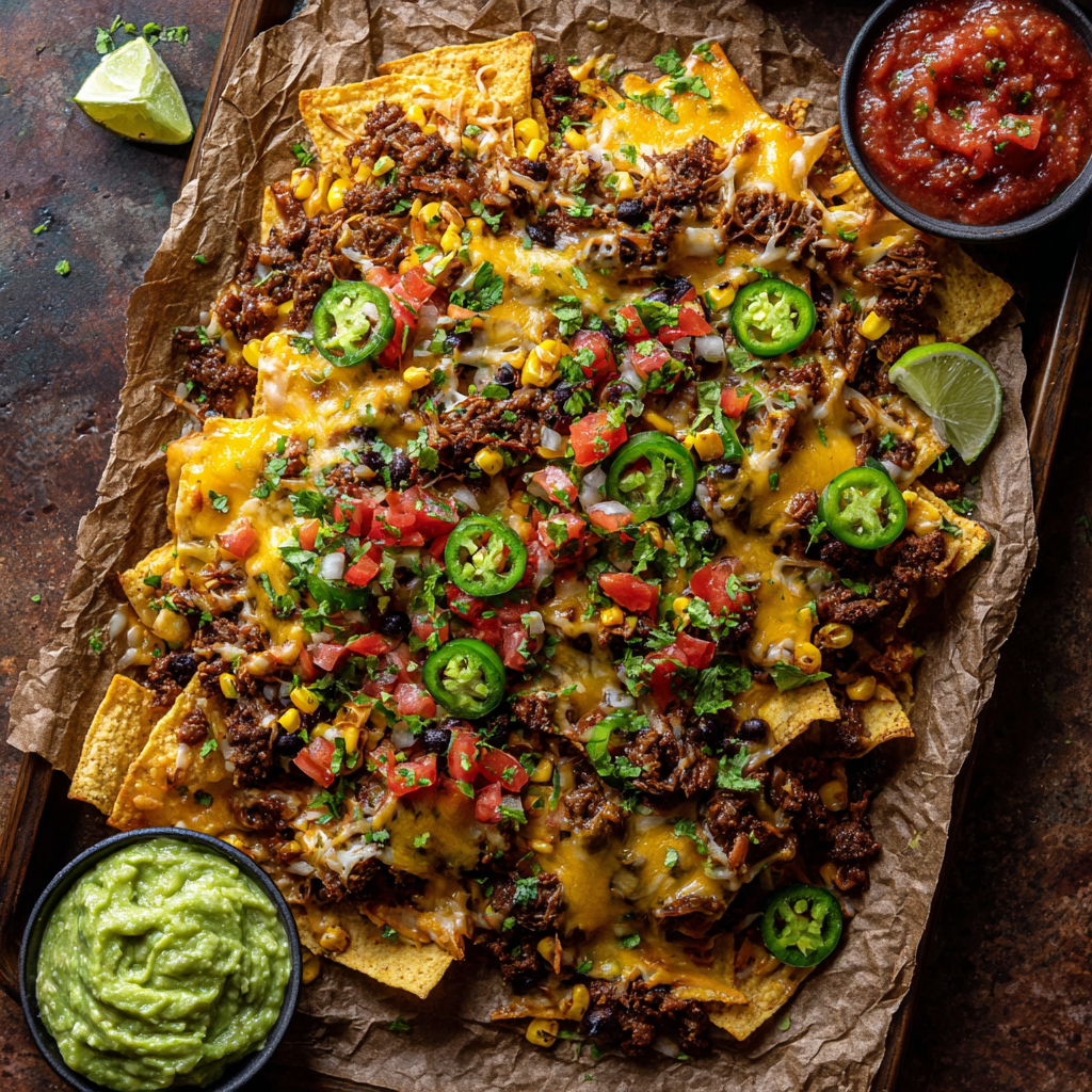 Loaded Sheet Pan Nachos with beef, beans, corn, and melted cheese.