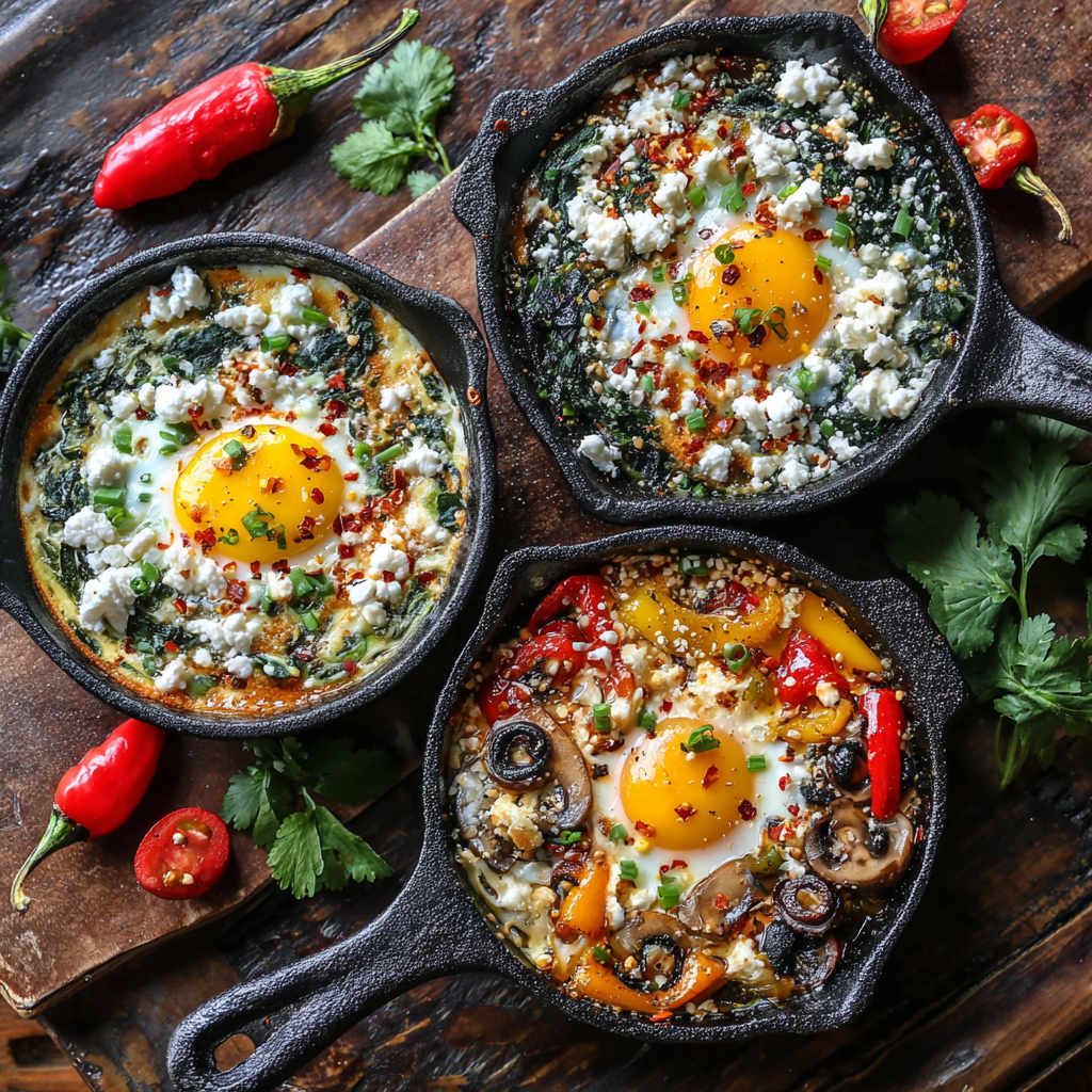 Low-carb, spicy, and vegetarian baked feta eggs variations.