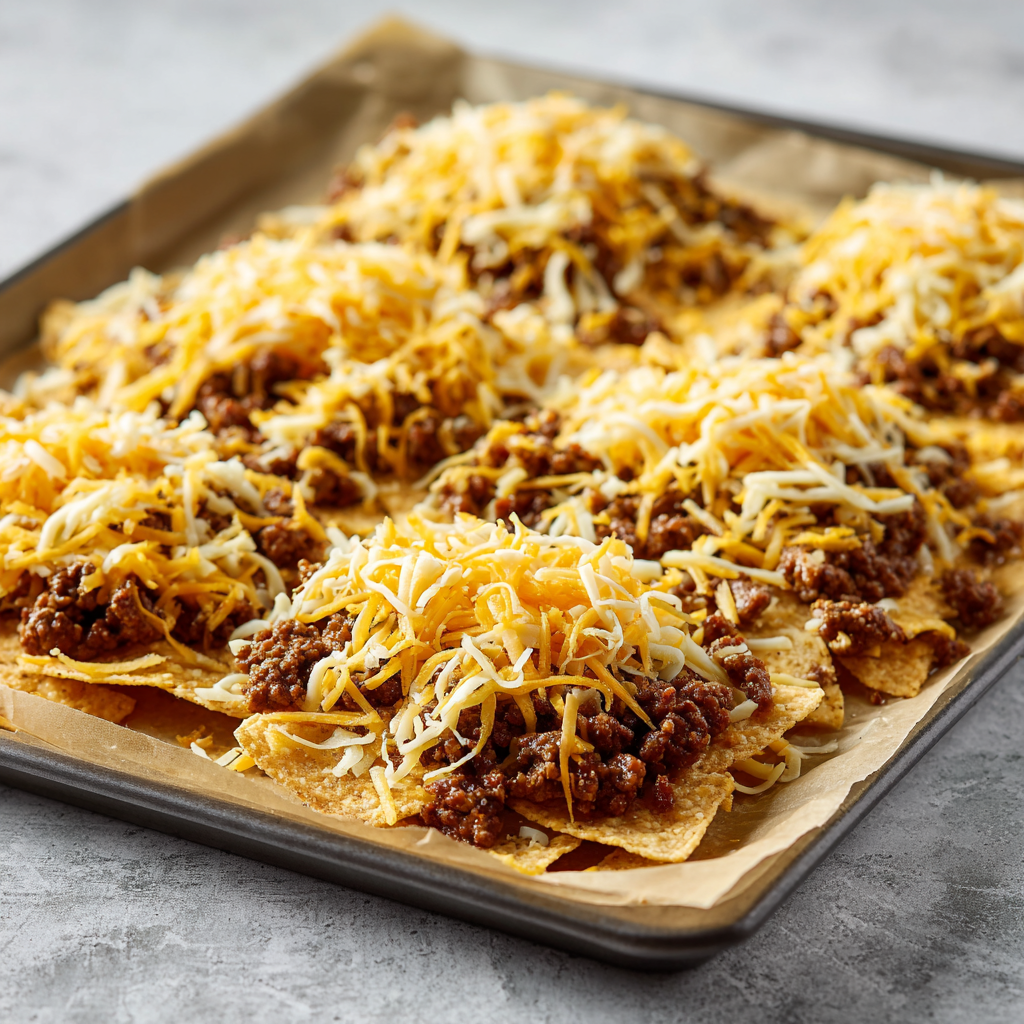Assembling Sheet Pan Beef Nachos by layering beef and cheese over tortilla chips.