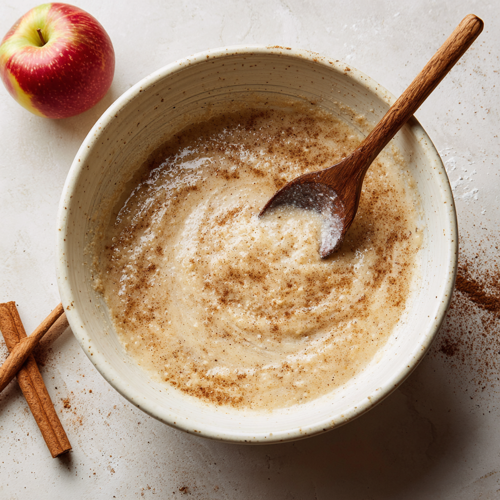 One-bowl baking process for apple cinnamon muffins.