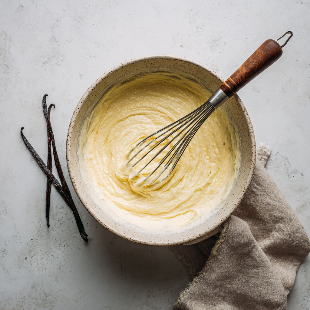 Mixing One-Bowl Vanilla Sheet Cake batter in a single bowl.