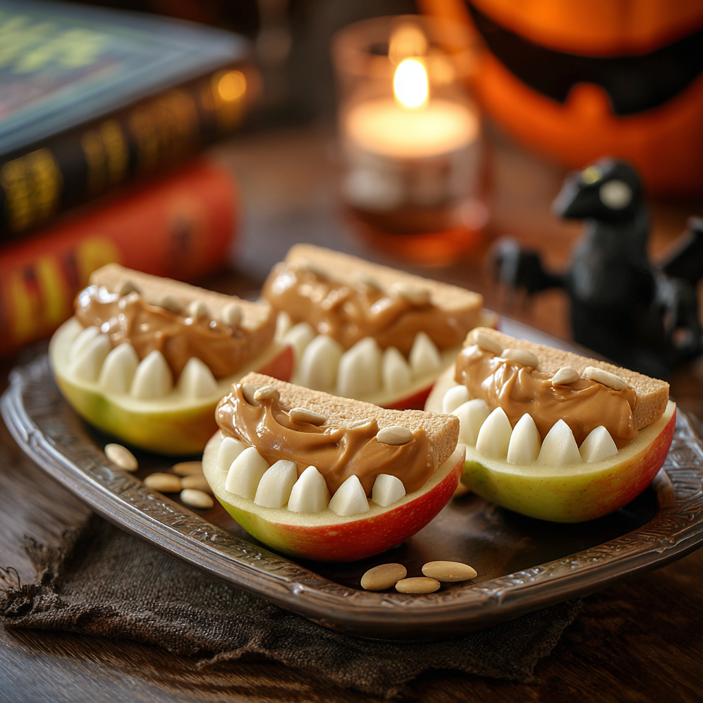 Creepy Halloween Snacks – Monster Mouths made with apples and peanut butter.