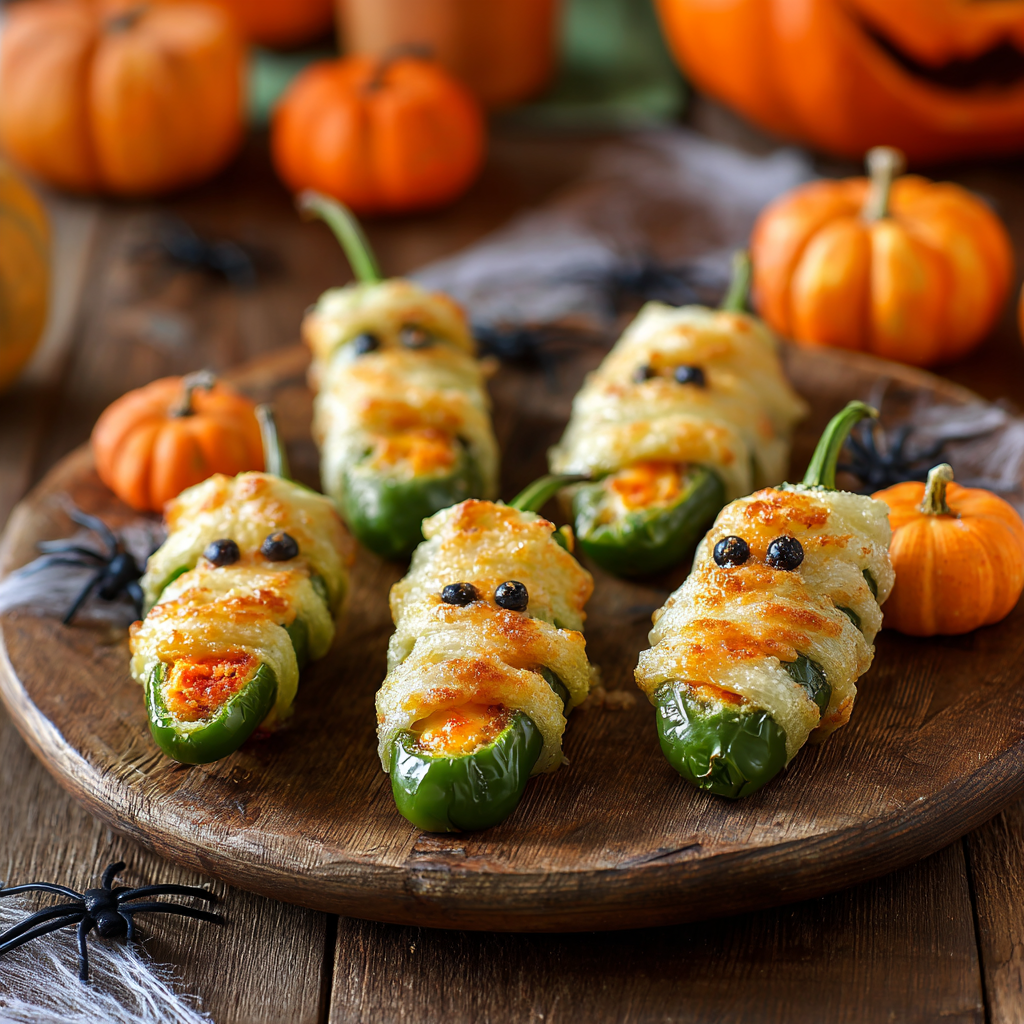 Spooky Halloween Appetizers – Mummy Jalapeño Poppers with cheese filling.