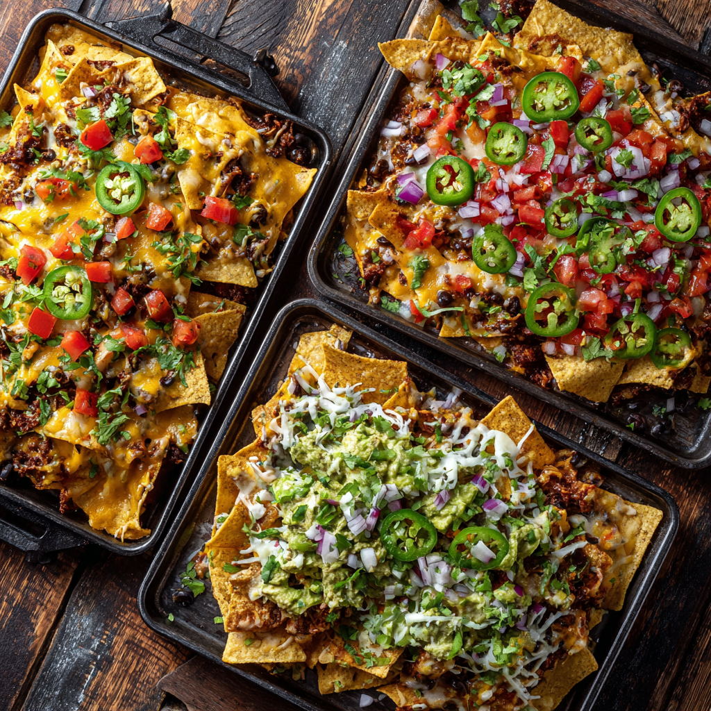 Different variations of one-pan chicken nachos.