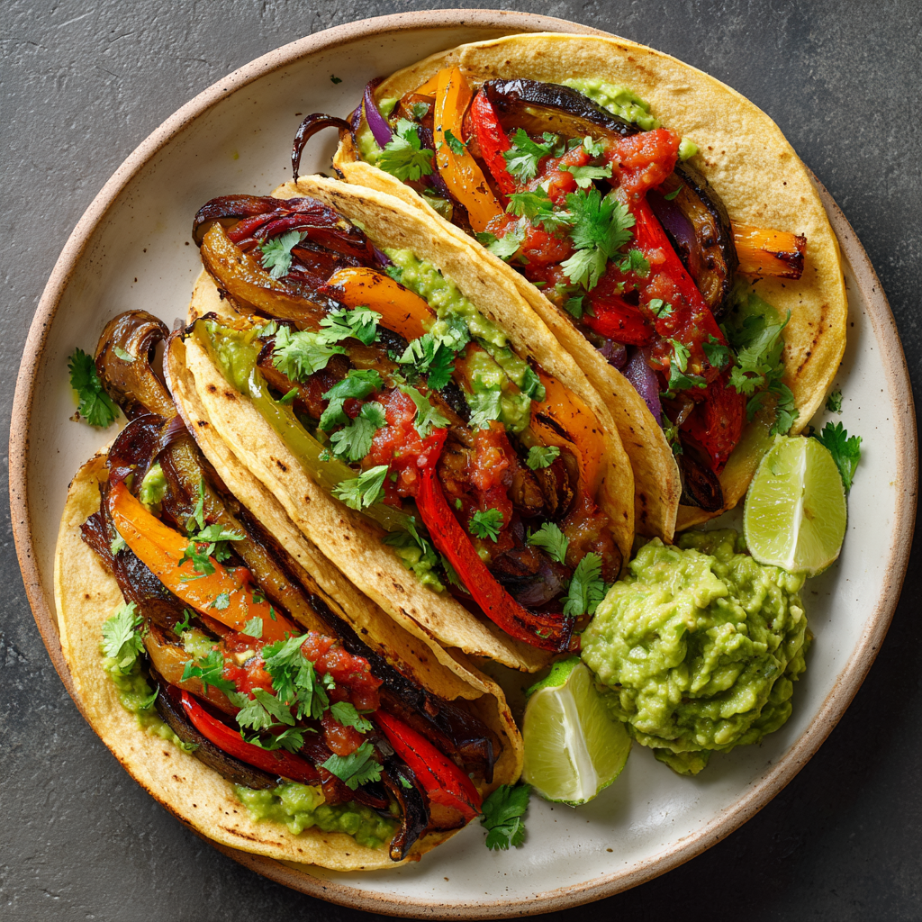 Roasted veggie fajitas with toppings in tortillas