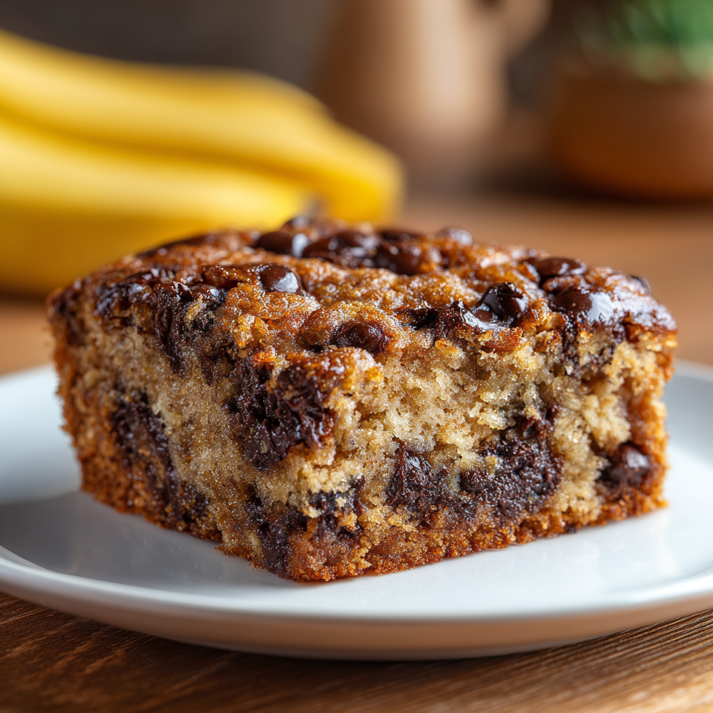 One-bowl banana-chocolate chip snack cake slice
