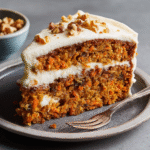 Slice of one-bowl carrot cake with cream cheese frosting and walnuts
