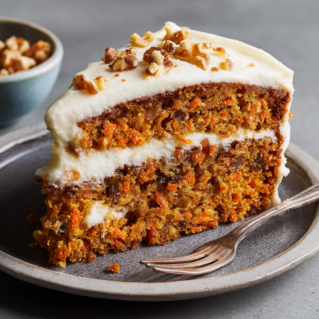 Slice of one-bowl carrot cake with cream cheese frosting and walnuts