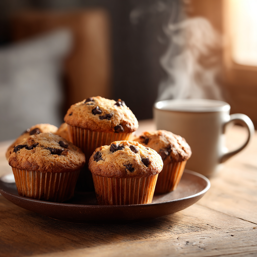 Plate of One-Bowl Chocolate Chip Muffins with coffee