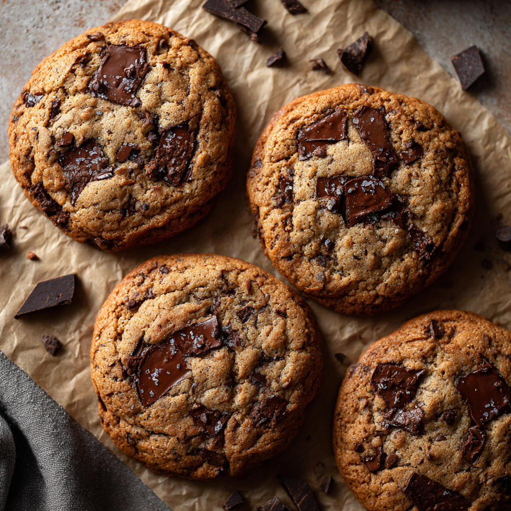 One-bowl chocolate chunk cookies stacked on cloth