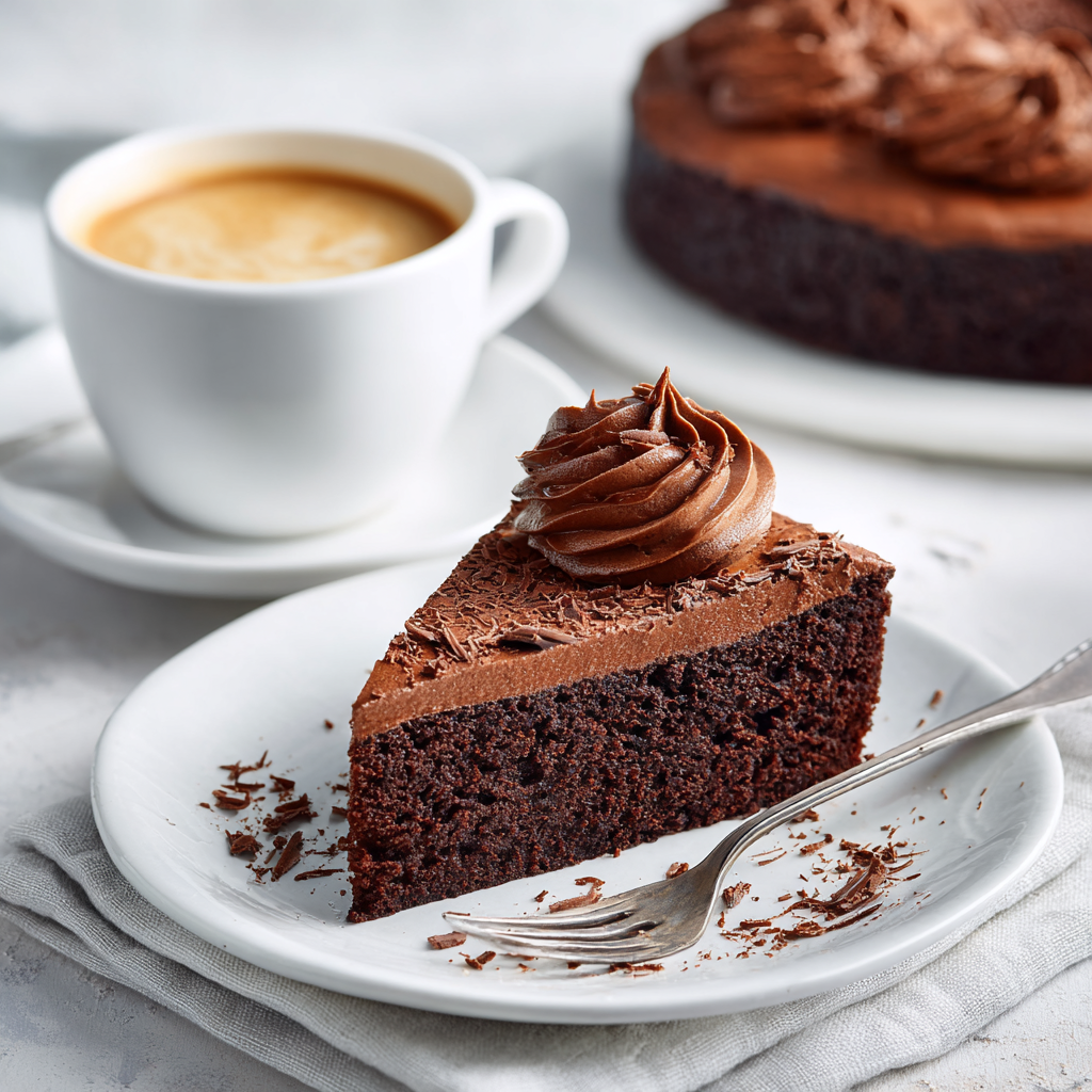 Slice of one-bowl chocolate fudge cake with frosting and coffee