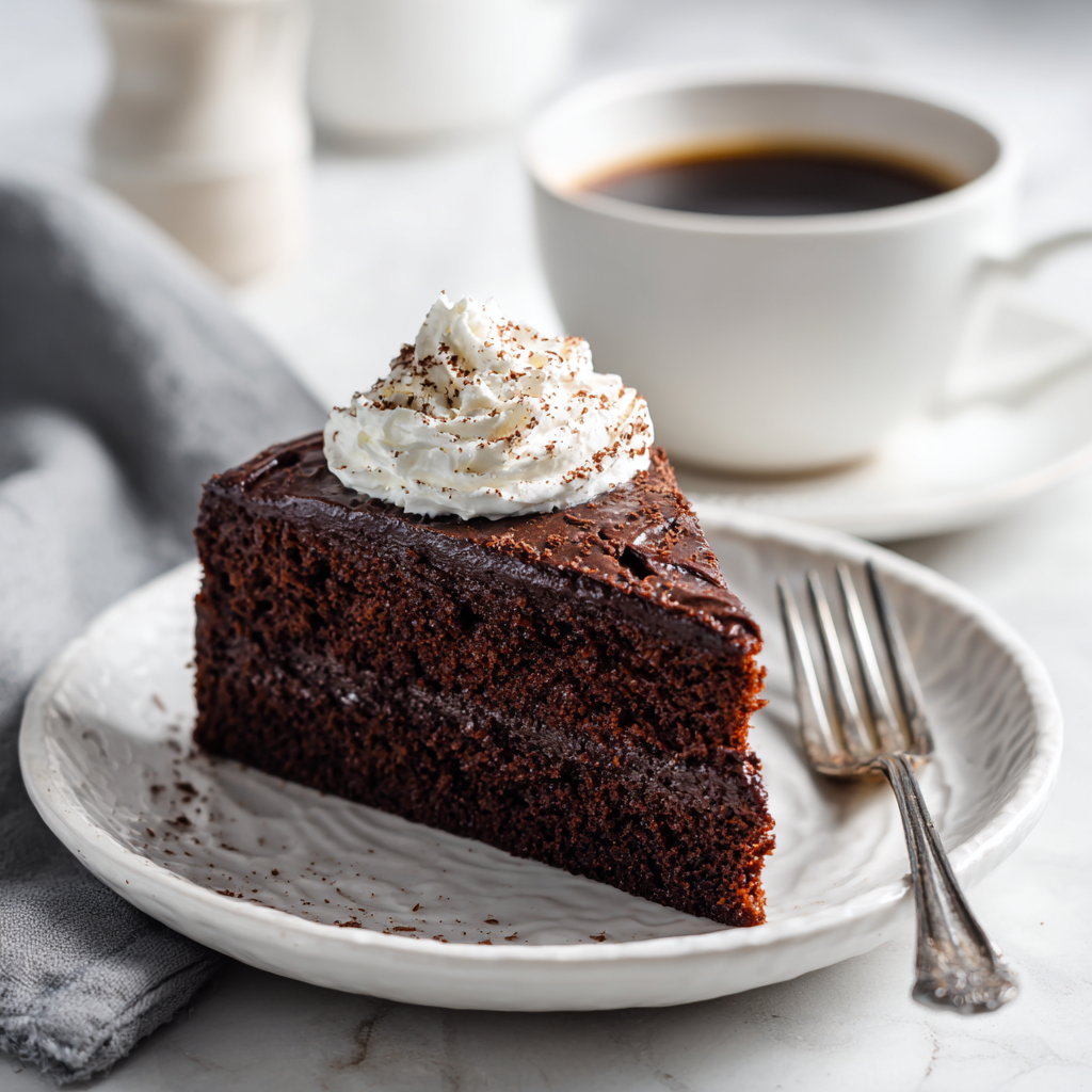 Slice of one-bowl chocolate fudge cake on plate