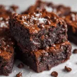 One-bowl double chocolate brownies stacked with cracked tops