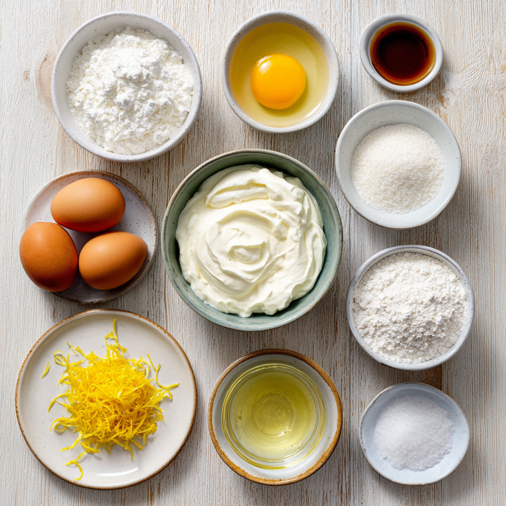 Ingredients for one-bowl Greek yogurt cake on wooden kitchen counter