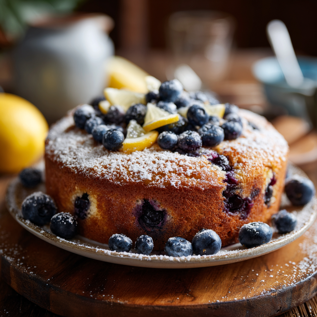 One-bowl lemon blueberry cake with glaze and fresh berries