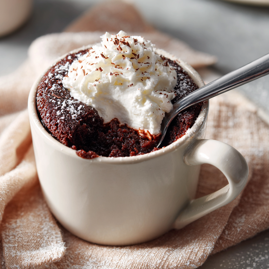 One-Bowl Microwave Chocolate Cake served with cream