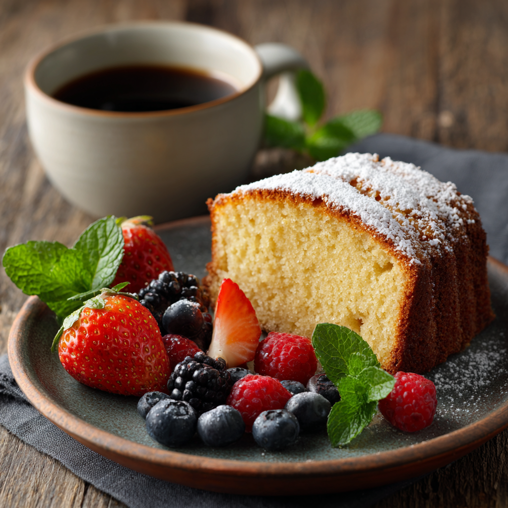 serving slices of one-bowl pound cake with berries and coffee